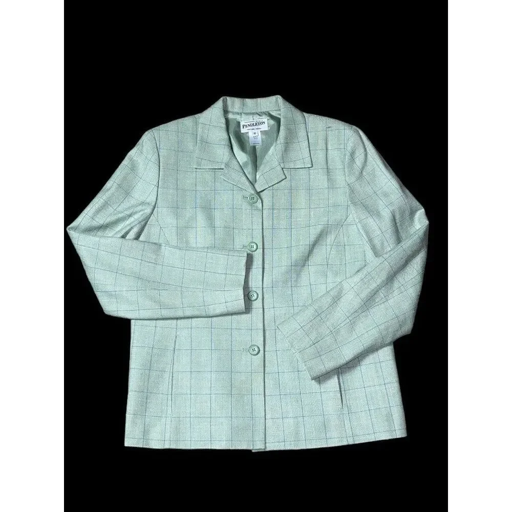 PENDLETON Retro Matching Wool Silk Set Blazer & Skirt Green Plaid 6-8 VINTAGE